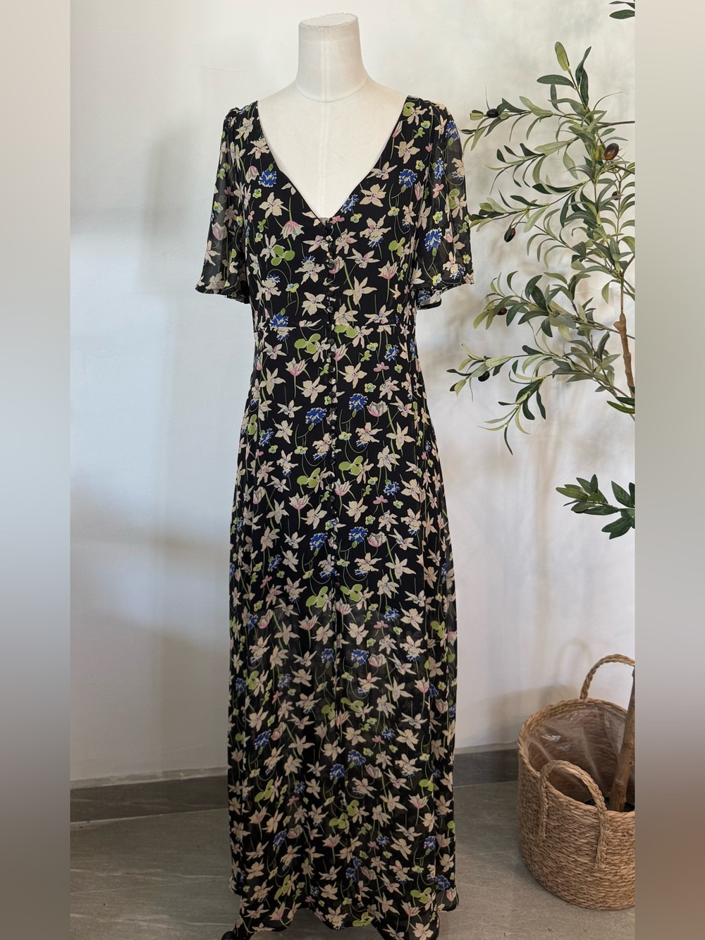 LUCCA Black Floral Maxi Dress Size L Sheer Short Sleeve Button Front Cottagecore